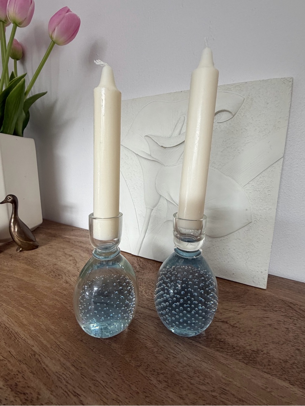 Pair of Aqua Blue Bubble Glass Candle Holders – Hand Blown Art Glass